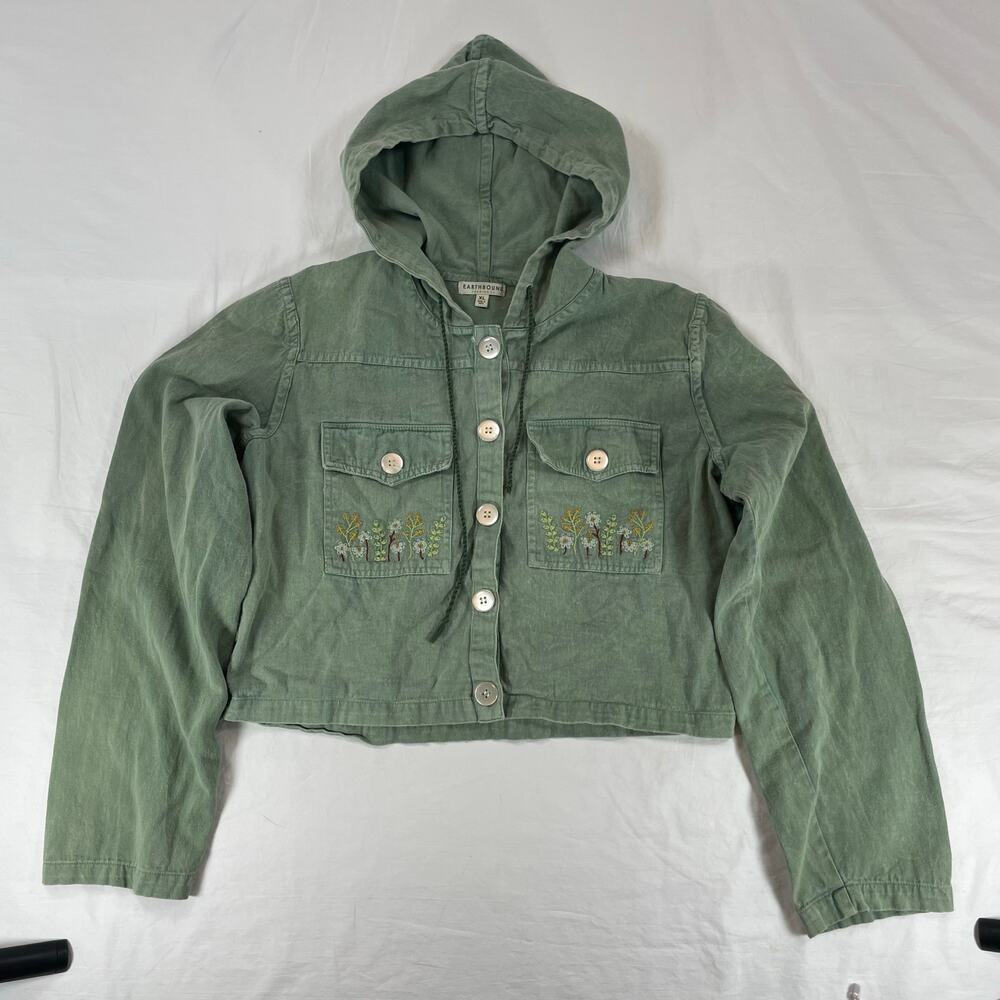Earthbound Trading Co Floral Embroidered Hooded Crop Jacket Green XL Women's
